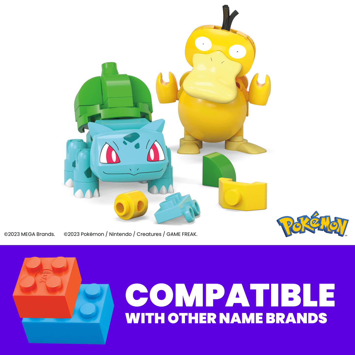 MEGA Pok¨¦mon Bulbasaur & Psyduck Building Toy Kit, 2 Action Figures (63 Pieces) For Kids