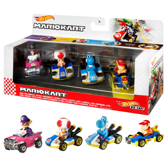Hot Wheels Mario Kart Veh¨ªculo de Juguete Paquete de 4 con Diddy Kong, Waluigi, Toad y Yoshi azul