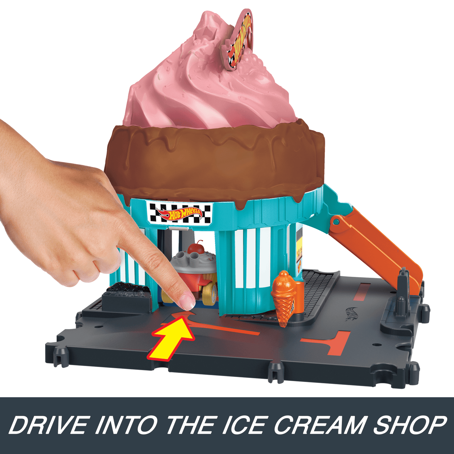 Hot Wheels City Downtown Ice Cream Swirl Playset From The Series ¡°Let's Race¡± With 1 Toy Car